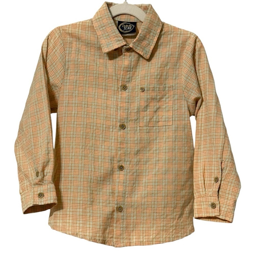 Emma Jean Boys Plaid Button-Down Shirt Orange Gray Size 5 Cotton Blend